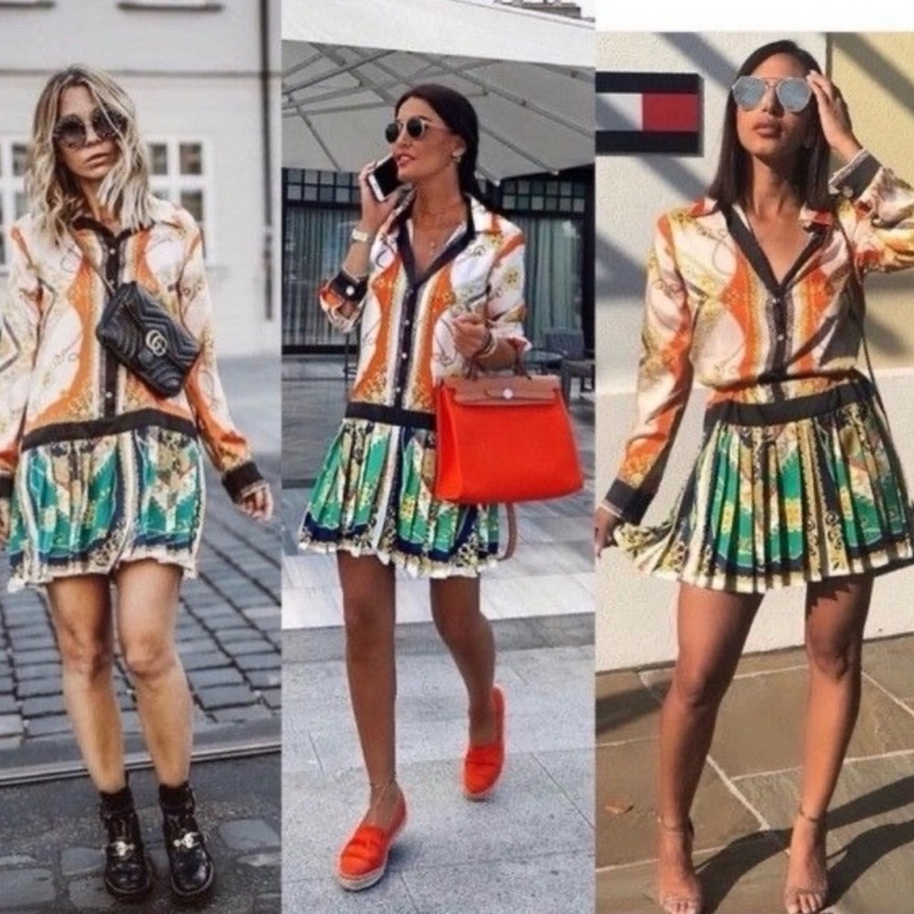 Zara Chain Print Patchwork Pleated Mini Dress Mul… - image 7